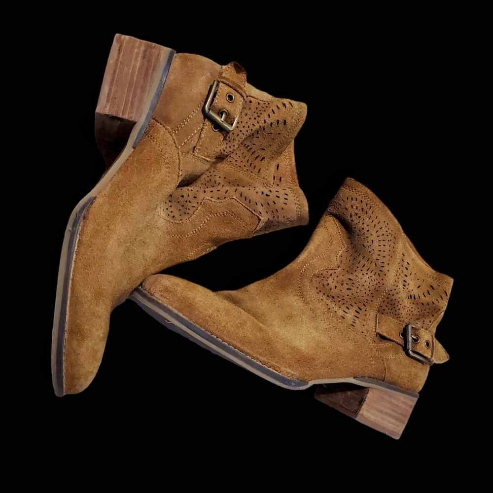 Naughty Monkey Carmel tan color soft top suede ankle booties.